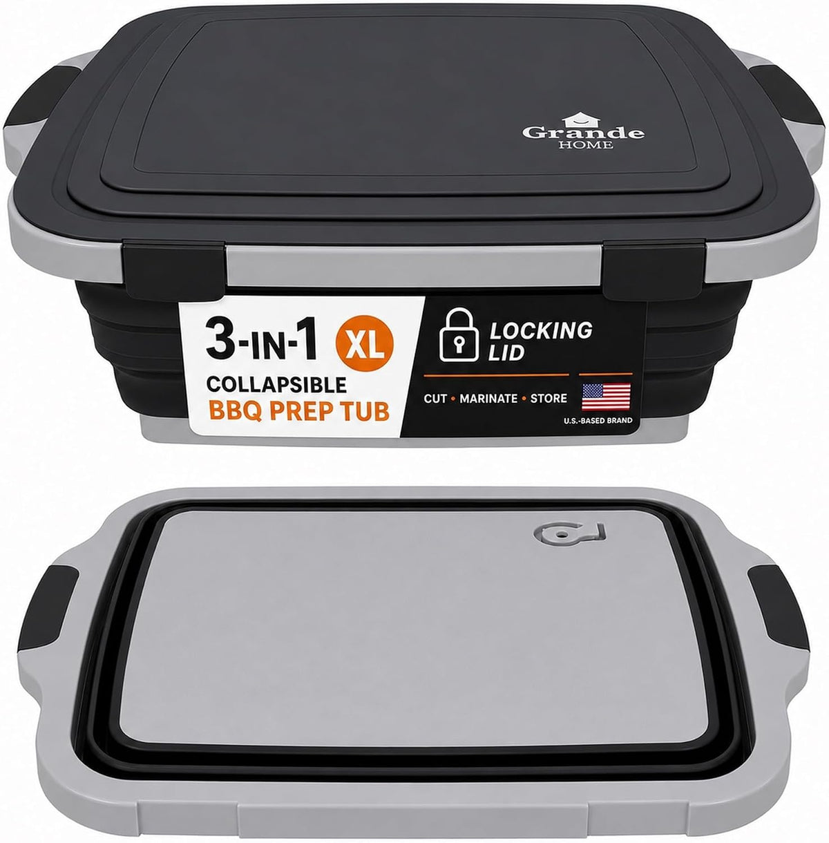 Collapsible BBQ Prep Tub with Lid and Cutting Board, XL Griling Container