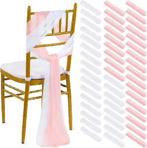 PakiInno Wedding Chair Sashes Covers 8FT Long White and Blush Aisle Decorations Draping Fabric 50 Pcs Sheer Church Chair Tulle Bows for Party Ceremony Reception Arrangement Banquet