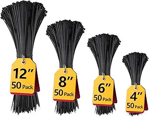Black Zip Ties Assorted 12+8+6+4 inch, 200 Pack, Cable Ties, UV Resistant Wire Ties for Outdoor Use,Tie Straps, LOCKLOCK