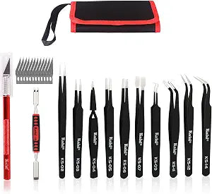 Precision Tweezers Set, Kaisi 12 PCS ESD Tweezer Set, Anti-Static Stainless Steel Tweezers Kit Curved Tweezers for Craft, Jewelry, Electronics, Laboratory Work