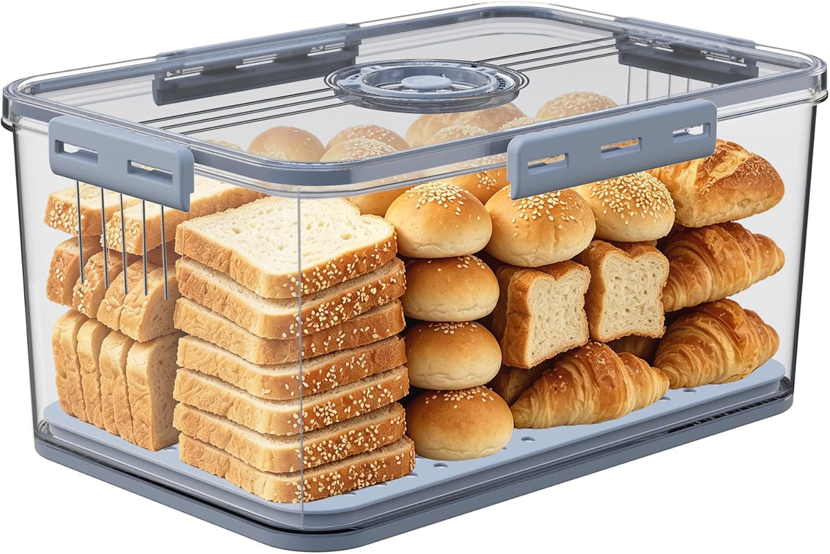 Large Bread Box with Lid ,Time Recording Airtight Bread Container Grey