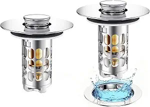 [2 Pack] Universal 3 in 1 Bathroom Sink Stopper, All Metal Pop-Up Bathroom Sink Drain Strainer with Removable Brass Basket Hair Catcher, Sink Plug for 1.1 to 1.6in Drain Holes