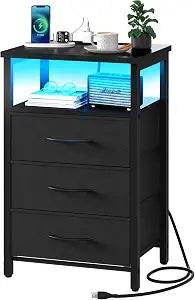 Yoobure Night Stand with Charging Station, LED White Nightstand for Dorm