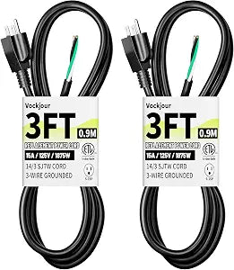 Vockjour 3 ft 14/3 Pigtail Replacement Power Tool Cord, NEMA 5-15P Black