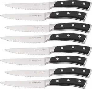 DURA LIVING 8-Piece Serrated Kitchen Steak Knife Set  Forged High Carbon Stainless Steel, Ultra Sharp, Ergonomic Black Handles, Durable Dinner Knives, Black Handle