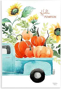 Hello Pumpkin Autumn Truck, 13 x 19 Inch Mounted Print on Wall Plaque