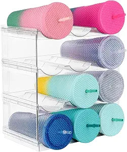 Stackable Water Bottle Organizer for Cabinet, Plastic Bottle Holder Designed for Starbucks Studded Tumblers up to 40oz, Plastic Cup Holder&Wine Rack for Pantry,Cupboard- 4 Layers Hold 12 Bottles