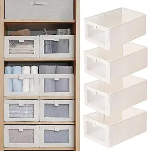 Pradnel Linen Closet Organizers And Storage, 4 Pack Storage Bins Baskets for Organization Foldable Organizer with Clear Window Organizing Clothing, Jeans, Shelves