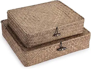 Hipiwe Set of 2 Flat Wicker Storage Basket Bins with Lid Woven Seagrass Box