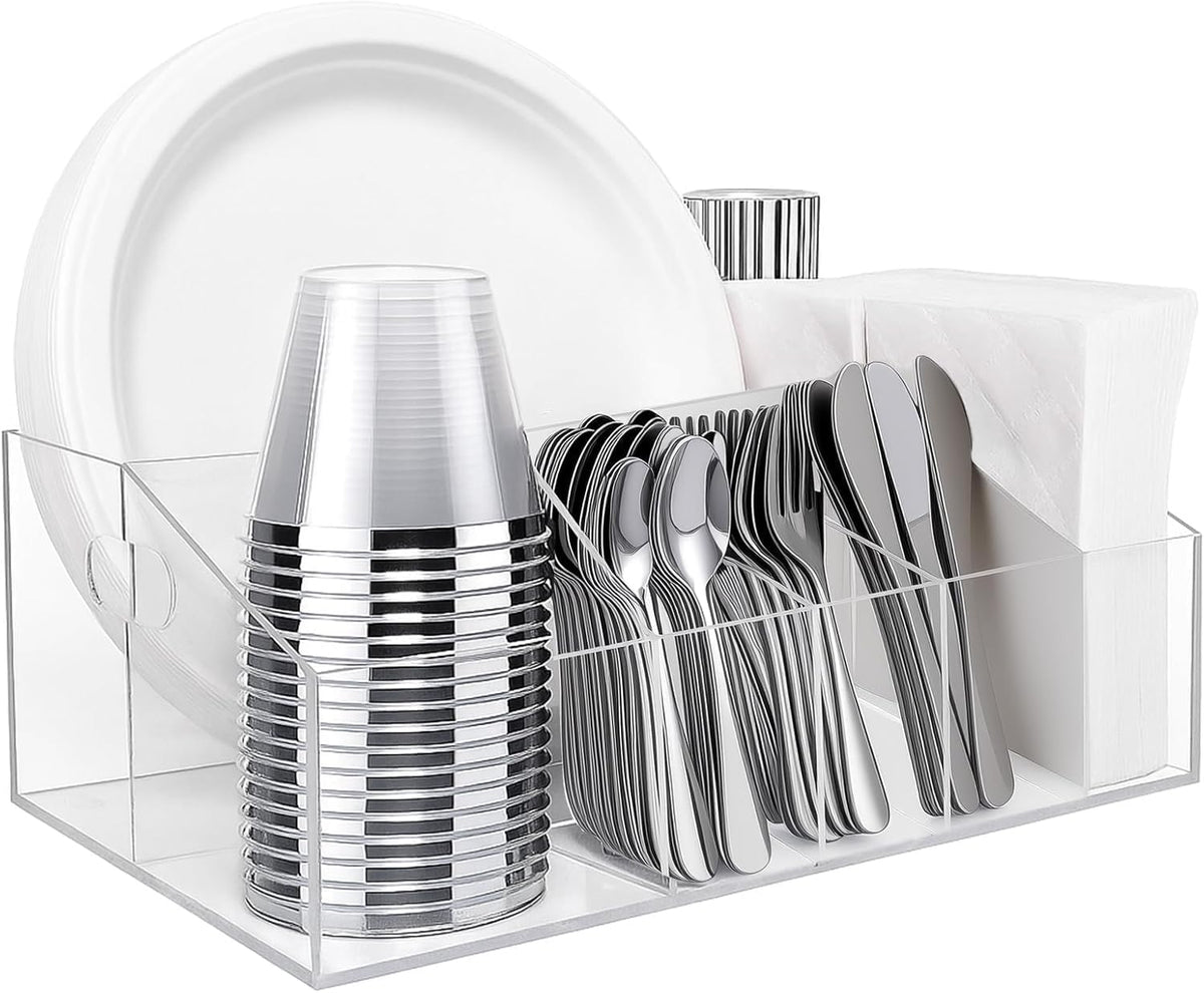 Acrylic Paper Plate Organizer and Dispenser (13"x8.66") - Extra Capacity Plate and Utensil Caddy for Plates, Cups, Napkins and Cutlery, Ideal for Kitchen, Parties, Picnics, and Outdoor Events