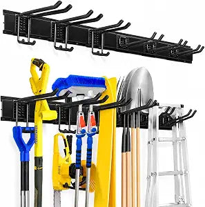 Garage Tool Organizer Wall Mount, Heavy Duty 48 Inch Garage Storage System with Adjustable Hooks, Garden Tool Rack for Shovel Rake Broom Snowboard Shed Organization