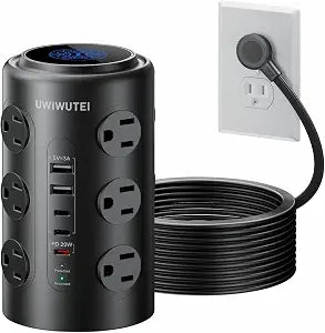 10FT Tower Power Strip with Dedicated 20W PD USB-C Port