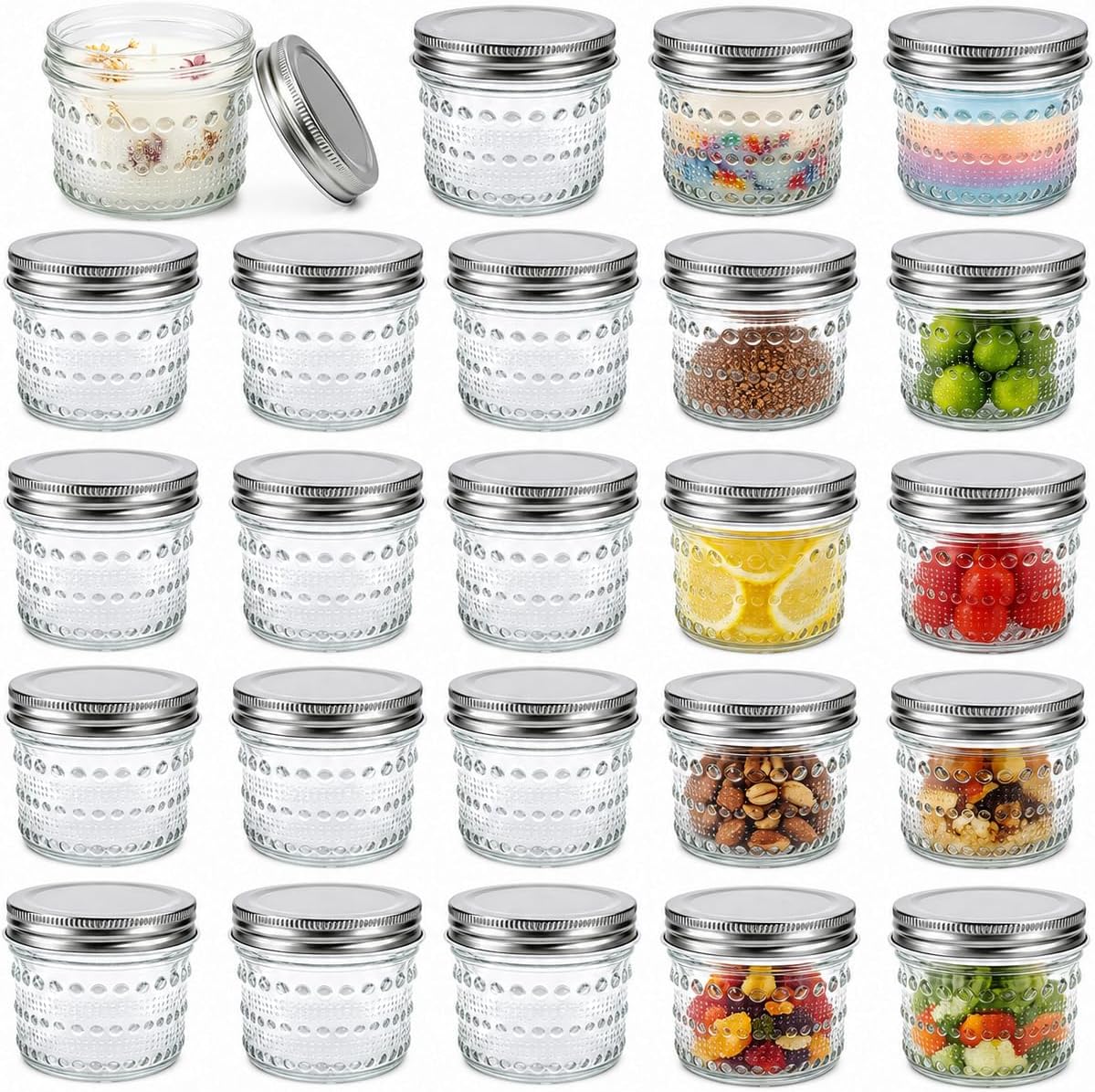 Mason Jars 4 Oz with Lids 24 Packs, Vintage Small Glass Canning Jars with Silver Metal Lids for Storing, Seasoning, Honey, Jam, Home Decor, Candle and DIY Crafts