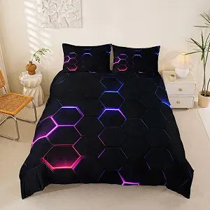 Castle Fairy 3D Honeycomb Duvet Cover Queen Size for Kids Hexagon Bedding Sets with 2 Pillowcase,Pink Blue Neon Lights Print Comforter Cover Teen Boys Girls Bedroom Decor Bed Cover 3 Piece,Black