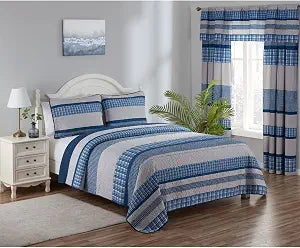 Legacy Decor 3 PCS Quilt Reversible Bedspread Coverlet Blue & White Patchwork Design Ultra Soft Microfiber Oversized Queen 100" W x 106" L