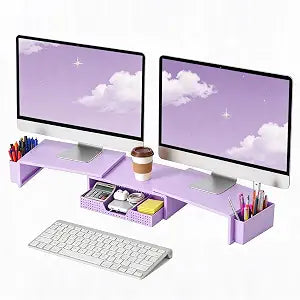 LEKETREE Dual Monitor Stand Riser with Drawer and 2 Pen Holders, Purple