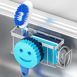 MURLONG Sponge Holder for Kitchen Sink,Sink Caddy Smiley Face,4-in-1 Sponge Holder with Suction Cups & 1 PCS Adhesive Strips for Holding Soap,Brush,Scrubber,Sponge,Stopper-Silver