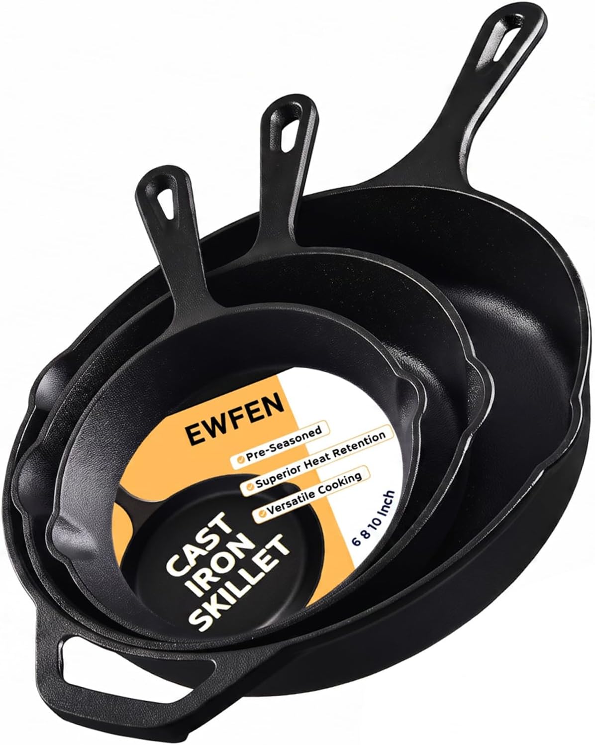 EWFEN Cast Iron Skillet 3-Piece Set, Heavy-Duty Professional Restaurant Chef Quality Pre-Seasoned Pan Cookware Set, 6", 8", 10" Pans For Frying, Saute, Cooking, Use Indoor/Outdoor, Oven, Grill