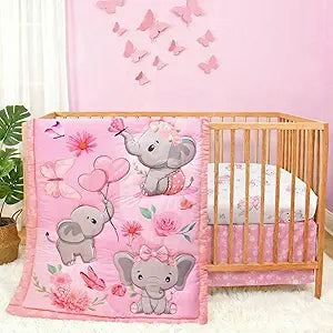 Baby Girl Crib Bedding Set Pink Elephant Crib Nursery Comforter Bed Sets Decor with Fitted Crib Sheet, Comforter and Bed Skirt for Boys Girls (Elephant)