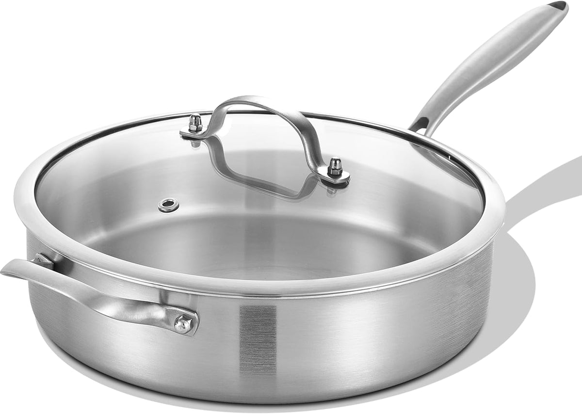 5-Quart Tri-Ply Stainless Steel Saute Pan wih Lid | 12 Inch Deep Frying Pan