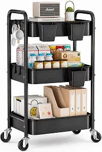 3 Tier Heavy Duty Metal Rolling Storage Cart Organizer with Wheels, Black