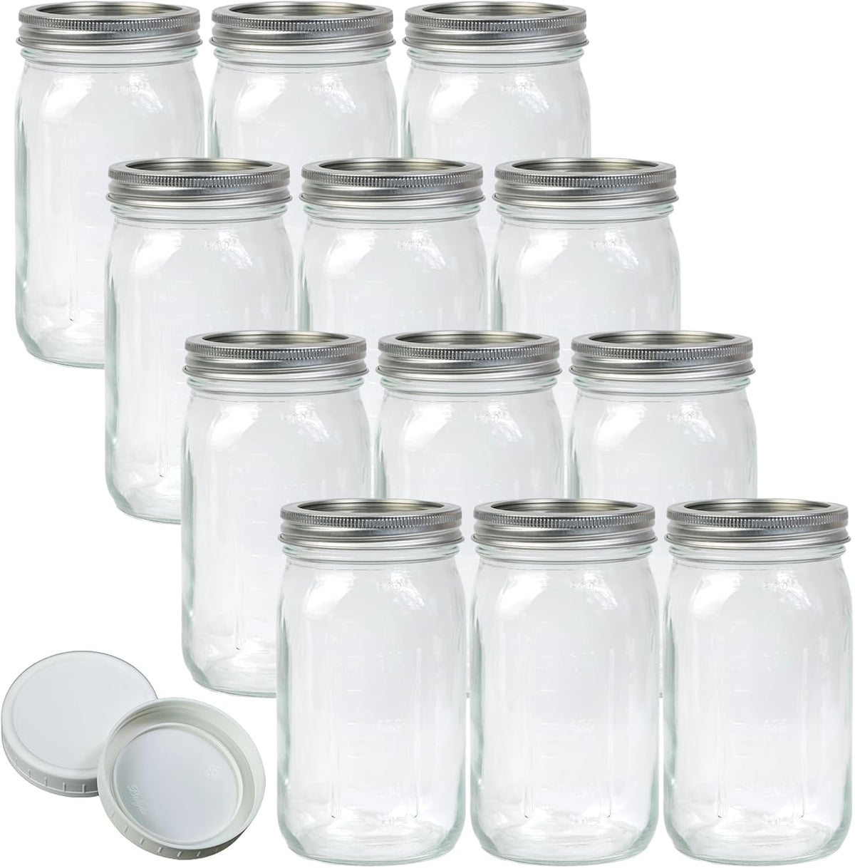 Jumterlee Wide Mouth Mason Jars 32 oz 12Pcs, Canning Jars with Airtight Lids and White Plastic Mason Jar Lids with Silicone Rings for Overnight Oats, Food Storage, Dry Food, Snacks, Candies and More