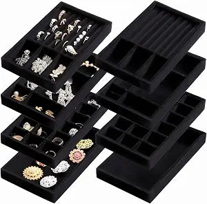 Elsjoy 8 Pack 8.3" x 5" Black Velvet Jewelry Trays Drawer Insert Organizers
