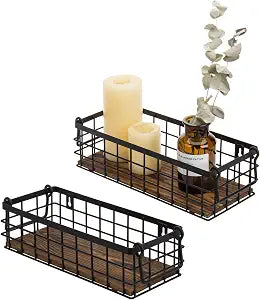 MyGift Set of 2 Black Metal Wire Baskets with Burnt Wood Base Handles