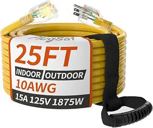 PlugSaf 25ft 10 Gauge Waterproof Outdoor Extension Cord Lighted End, Yellow