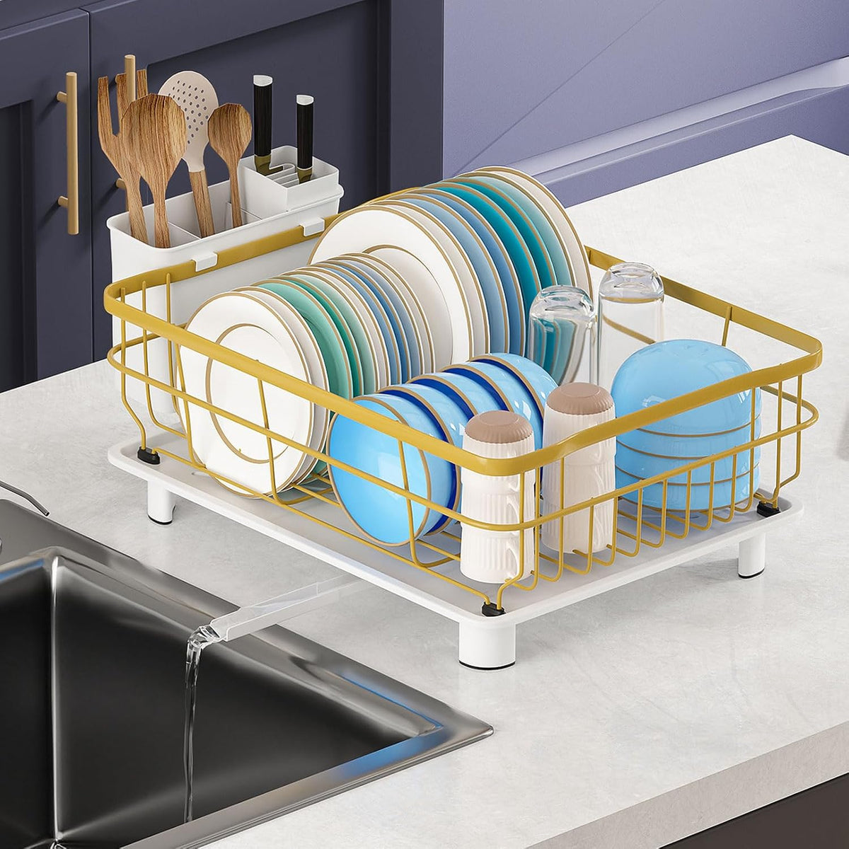 AIDERLY Metal Dish Drying Rack Automatic Drainage, Gold, Large