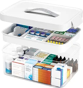 Clear Medicine Organizer Storage Box with Removable Tray, White