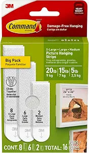Command 20, 15 & 5 lb Assorted Picture Hanging Strips, 16 Pairs (32 Strips)