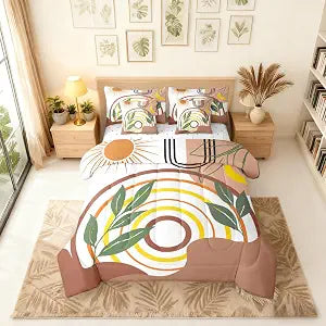 Erosebridal 7 Pcs Boho Mid Century Comforter Set with Sheets Queen Minimalist Geometric Brown Bedding Set Abstract Tropical Palm Leaves Bed in A Bag for Kids Adults Modern Bohemian Botanical Bed Sets