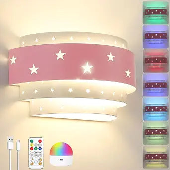 Lightess Pink Star Battery Operated Wall Sconce Cordless for Girls Kids
