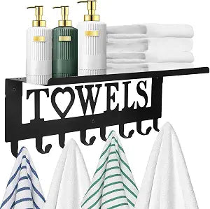 IBosins Towel Rack with Metal Shelf Bathroom Towel Holder 8 Hooks Black