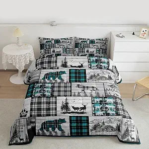 Erosebridal Rustic Farmhouse Bedding Sets Hunting Wolf Bear Deer Bed Comforter Set Queen,Black Teal Grey Buffalo Plaid Cabin Comforter Set for Camping Woodland Wildlife Bed Set for Kids Adults