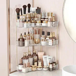 BEFSOP Corner Bathroom Counter Organizer, Upgraded 3-Tier Makeup Organizer Countertop with Makeup Brush Holder, Skincare Exquisite Vanity Organizers Countertop Bathroom Storage Dresser(CLEAR)