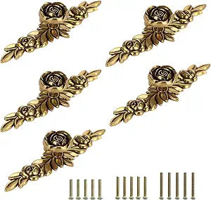 JUXYES Vintage Floral Rose Handle Pulls Knobs for Cabinets and Drawers