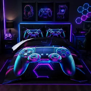 Raphus cucullatus Gamer Comforter Set for Boys Gaming Bedding Set Full Size,Blue Gamepad Comforter for Full Size Bed,Video Game Decor for Boys Room,Gaming Full Bed Set