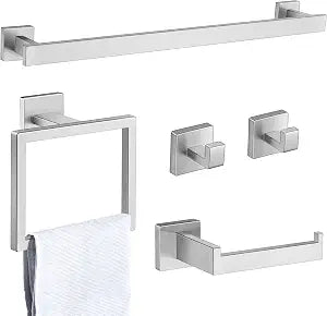 Herogo Bathroom Accessories Set, 23.5 Inch 5 Pieces Brushed Nickel Bathroom Hardware Set, Bath Towel Racks Bars with Toilet Paper Holder, Hand Towel Holder Ring & Hooks, Wall Mount