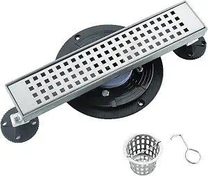 12 Inch inear Shower Drain Rectangular Floor Drain with Flange, Quadrato Pattern Grate Removable, Food-Grade SUS304 Stainless Steel, Watermark with Filter Anti-Drop, Brushed Nickel