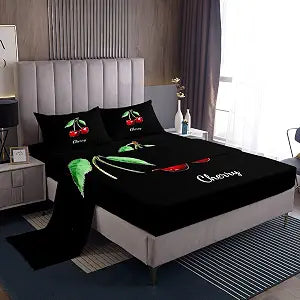 Homewish Cherry Sheet Set Twin,Tropical Fruit Bedding Set for Kids Teens Girls,Solid Black Background Concise Vintage Bed Sheet Set 3pcs with Deep Pocket Fitted Sheet + Flat Sheet + 1 Pillowcase