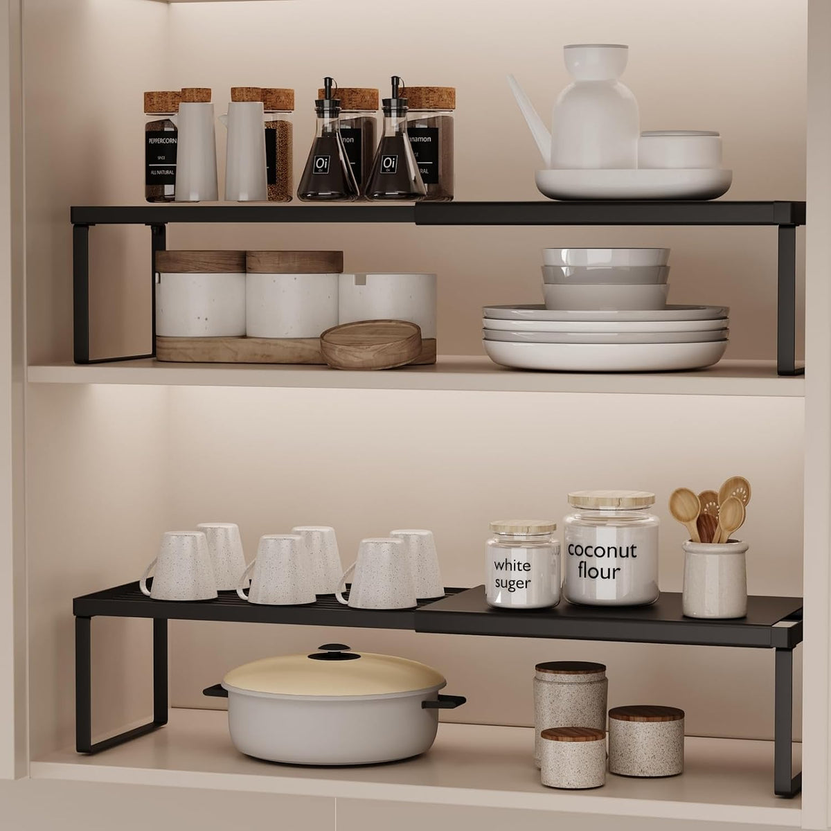 Magheo Expandable Cabinet Shelf Organizer, 2 Pack Stackable Kitchen Counter Shelf Riser, Metal Spice Rack Heavy Duty Countertop Organizer Storage for Kitchen, Pantry, Cupboard, Rv (5.9in Height,Black)