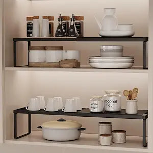 Magheo Expandable Cabinet Shelf Organizer, 2 Pack Stackable Kitchen Counter Shelf Riser, Metal Spice Rack Heavy Duty Countertop Organizer Storage for Kitchen, Pantry, Cupboard, Rv (5.9in Height,Black)
