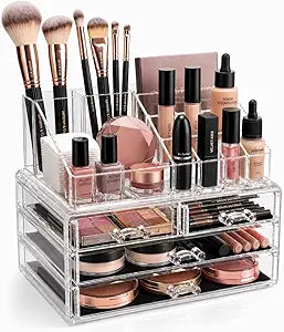 Brookstone Makeup Organizer Countertop, Cosmetic Display Case, Acrylic Makeup Storage for Vanity, Clear Make-up Organizer for Vanity, Accessories Holder with Drawers