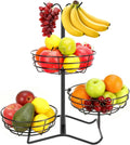 3 Tier Fruit Basket Bowl with 2 Banana Hooks, Solid Metal Standing Vegetable Storage for Kitchen Counter, Large Capacity Organizer for Bread Snack Produce (Black)