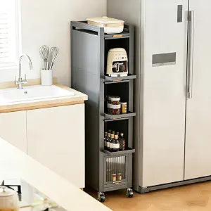 5-Tier Tall Narrow Mobile Shelf Organizer, Slim Storage Cart on Wheels