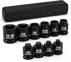 TecoTek 1/2" Drive Pipe Plug Socket Set, Square Drive Socket, 10-Piece, SAE, 4 Point Sockets, CR-MO, Tapered Male Square 7/16'' - 5/8'', Chamfered Female Square 7/16'' - 13/16''