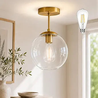 Bagood 7" Gold Semi Flush Mount Ceiling Light Fixture with Clear Glass Light Fixture Mid Century Light Fixtures Gold Semi Flush Ceiling Light Fixtures for Dining Room Kitchen Island Closet(Bulb Incl)