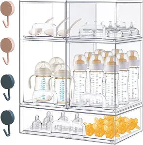 Baby Bottle Organizer with Hooks - 5 Pack Stackable Storage Drawer